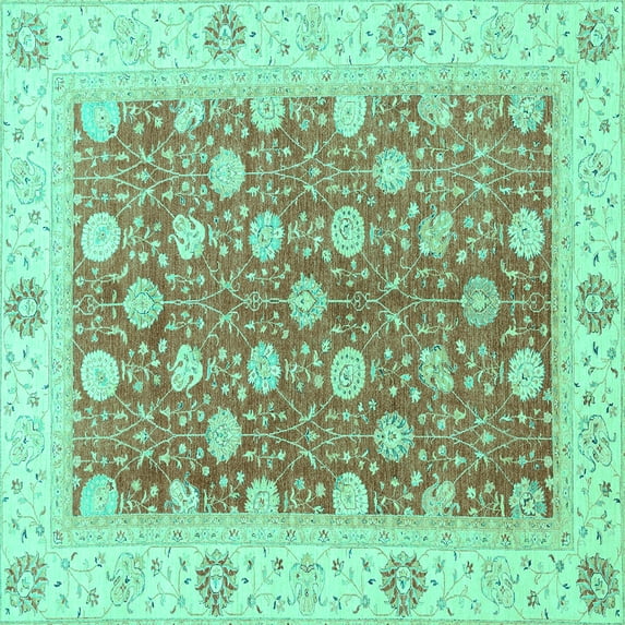 Ahgly Company Machine Washable Indoor Square Oriental Turquoise Blue Traditional Area Rugs, 5' Square