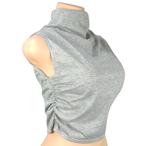 MORESEC Women's High Neck Sleeveless Crop Top Ruched Casual Holiday Tops Solid Basic Slim Tee Shirts Summer Fashion Clothes, Gray L