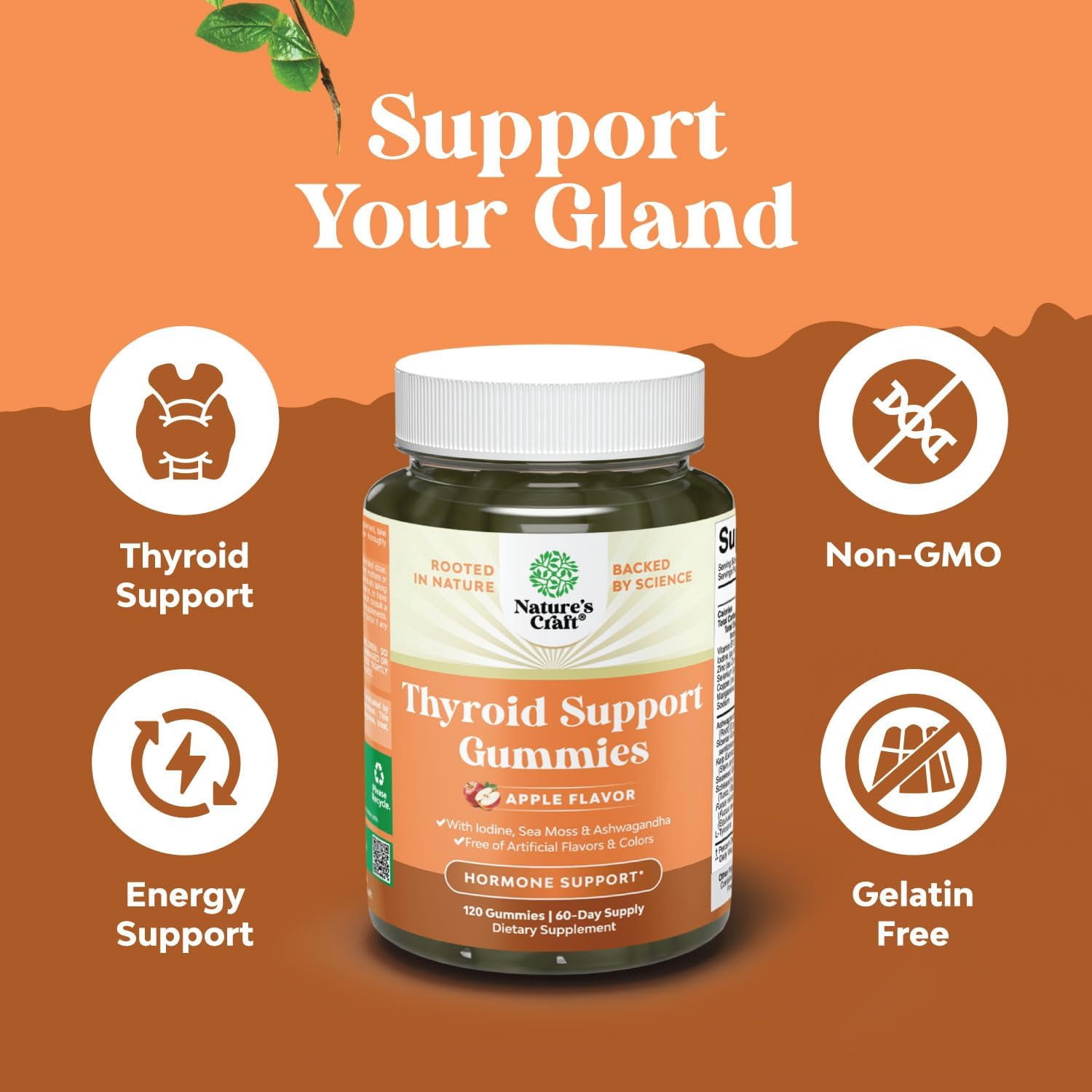 Natures Craft Vegan Thyroid Support Gummies w/ Zinc & Selenium for Healthy Thyroid Function, 120 Ct
