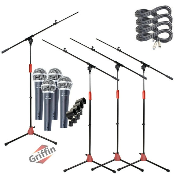 Microphone Stand with Telescoping Boom Arm, 20 Ft XLR Cable (Pack of 4) by Griffin Handheld Dynamic Mic & Clip DJ Pro-Audio Cardioid Singing Microphones for Home Studio Recording & Live Steaming