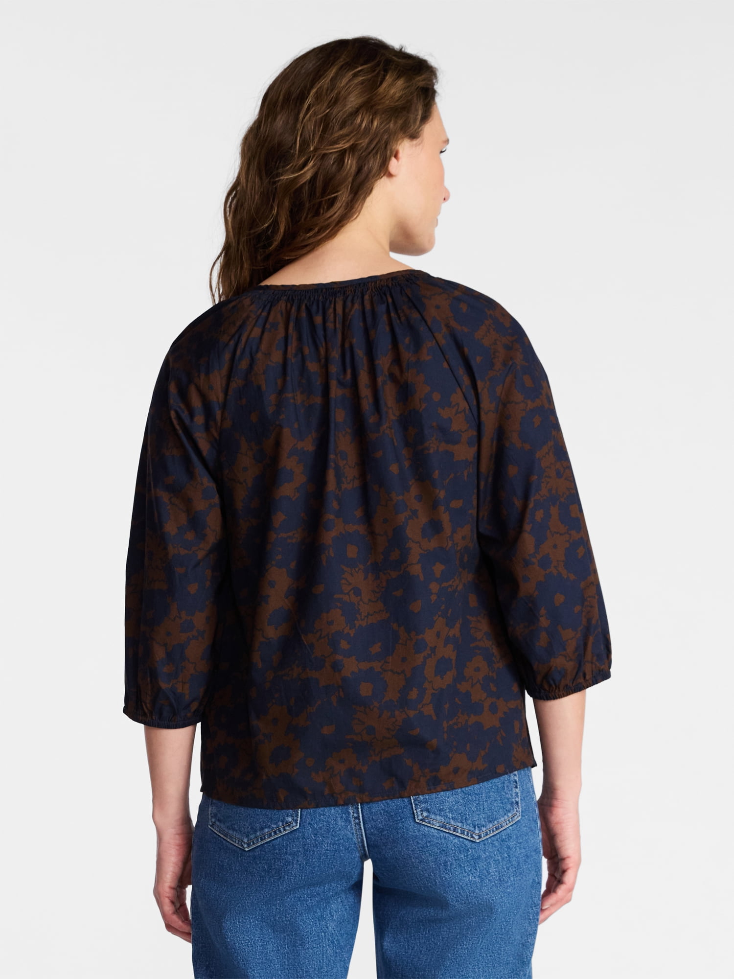 Time and Tru Women's Cotton Button Front Blouse with ¾ Length Sleeves, Sizes XS-XXXL