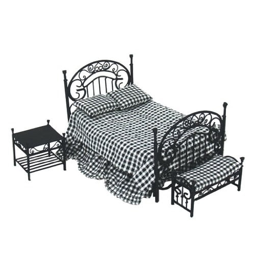 Dollhouse Miniature Black metal three-piece bedroom set with bed 1:12 scale side table and bench