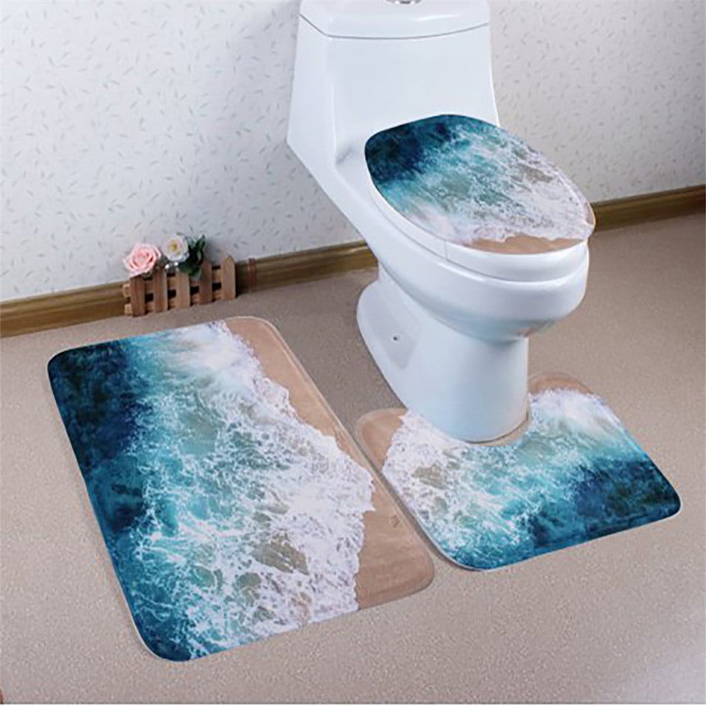 3PCS Bathroom Non Slip Ocean Style Pedestal Rug Lid Toilet Cover Bath Mat Set 