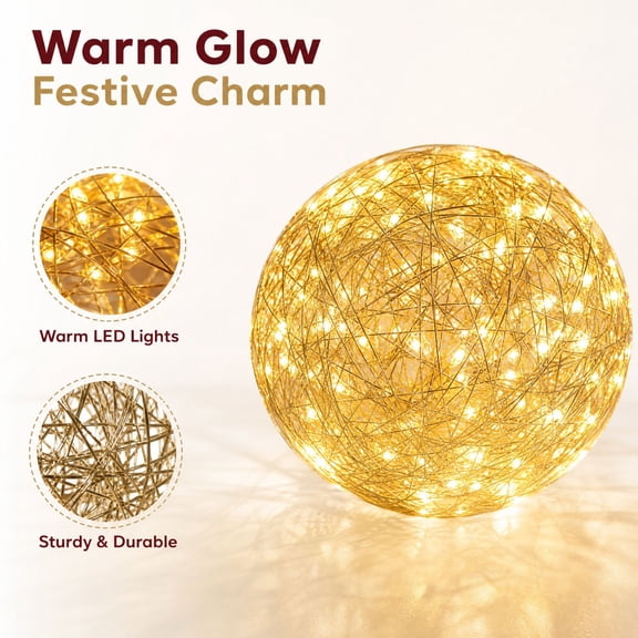Pre-Lit Wire Sphere Lights, Warm LED Copper-Wire Open Frame Ball, Holiday Table Glow 1-Pack, 5.91-Inch - Gold