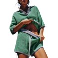 thumbnail image 2 of Womens Sweater Set 2 Piece Outfits Oversized 3/4 Sleeve V Neck Knit Tops High Waisted Shorts Lounge Sets Green M, 2 of 8