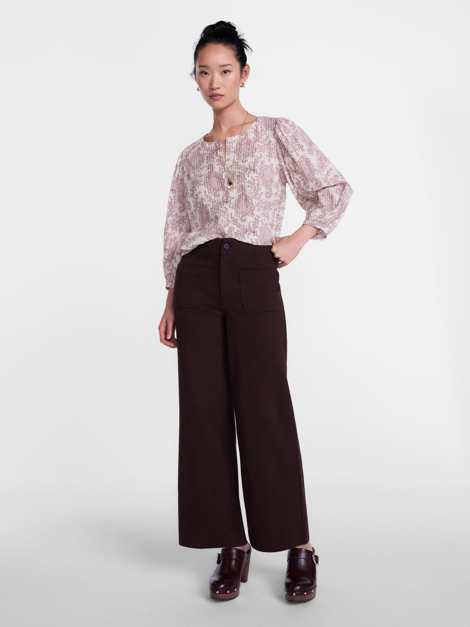Scenario Women's and Women's Plus Blouse with 3/4-Length Puff Sleeves, Sizes XS-4X