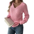 thumbnail image 2 of Women Long Sleeve Cable Knit Sweater Fashion V Neck Fitted Pullover Top Business Casual Fall Outfits Pink L, 2 of 7