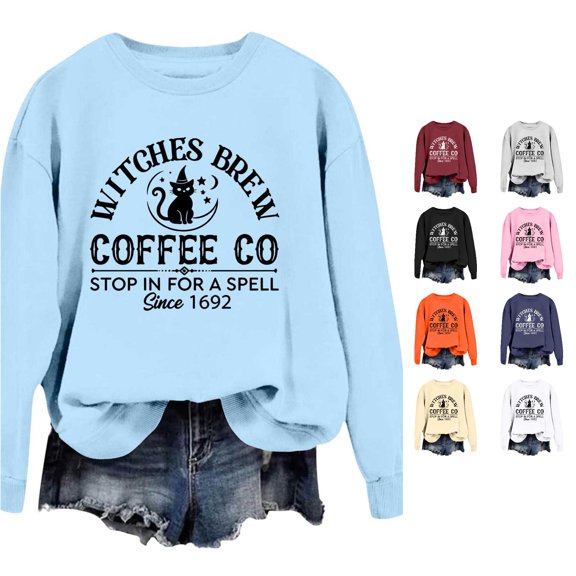 Venzia Women Halloween Crewneck Sweatshirt, Black Long Sleeve Pullover Top, Casual Fall Graphic Sweatshirt