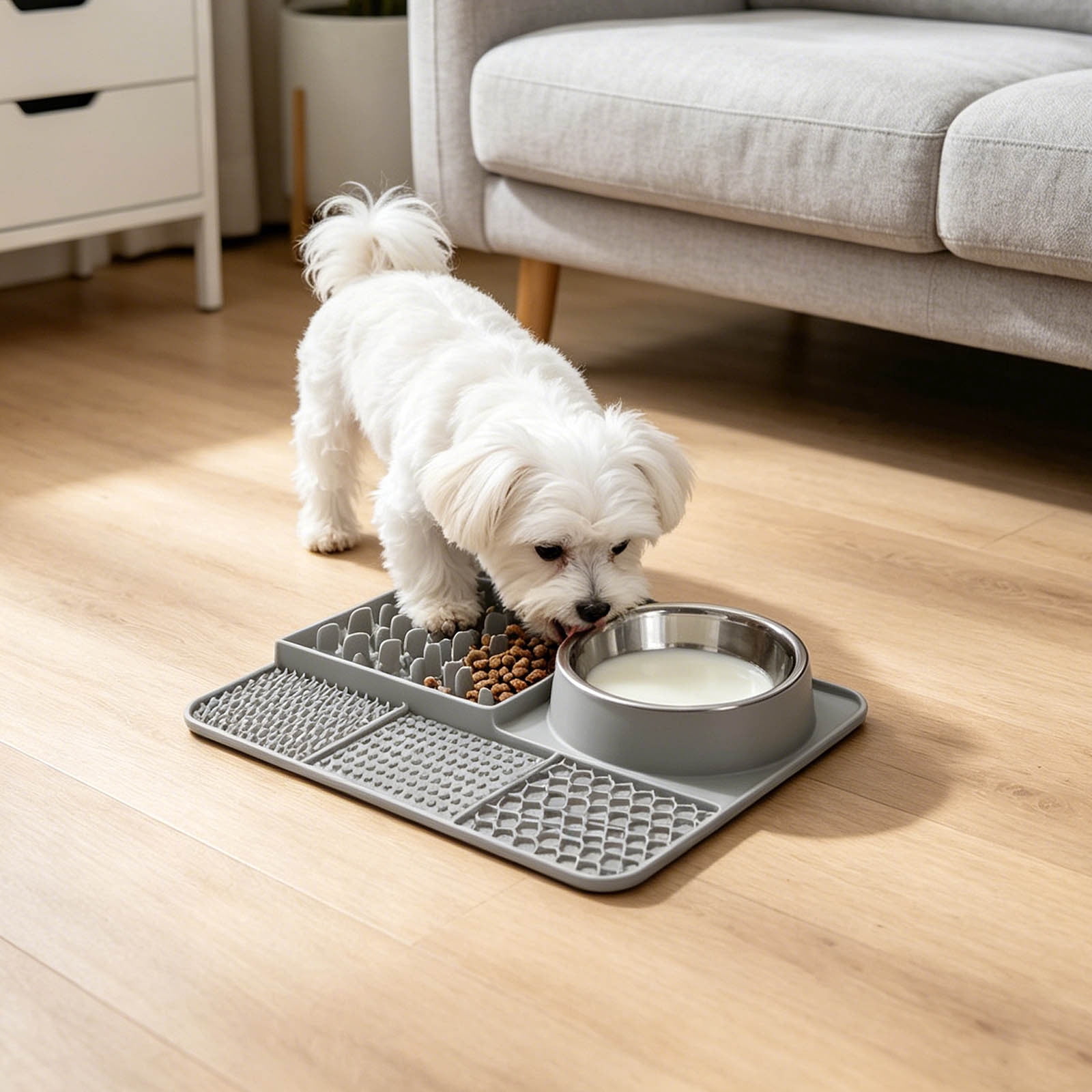Licking Pad 5âInâ1 Silicone Slow Feeding Mat Suction Cup Antiâ Feeder Detachable Stainless Steel Bowl StressâRelief Set For Cats Dogs Puppies Daily Use 13.0 x 9.8 in Grey
