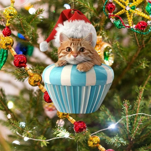 Taicans Cute Cat in Red Tea Cup Christmas Ornament - 8cm/3.1in Handmade Holiday Tree Decoration,Festive Gift for Xmas,Cute Hanging Decor,2D