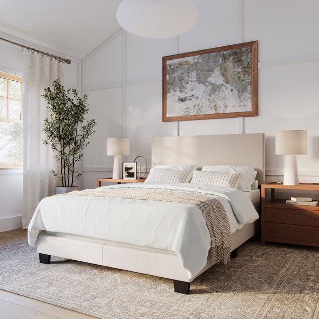 CorLiving Celeste Modern Upholstered Adult Full Sized Bed Frame with Headboard, Box Spring Required, Beige