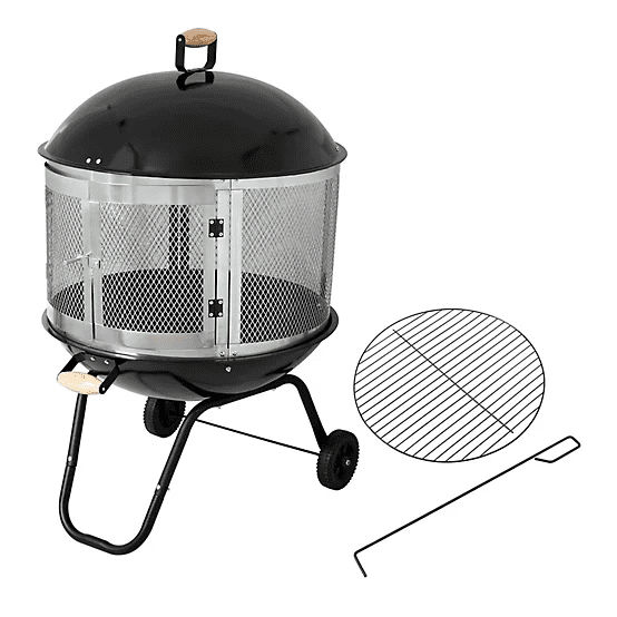 Red Mountain Valley 28" Portable Wood Burning Fire Pit with Wheels, Spark Screen, Cooking Grate & Poker, Round Outdoor Steel Firepit for Patio Backyard Camping