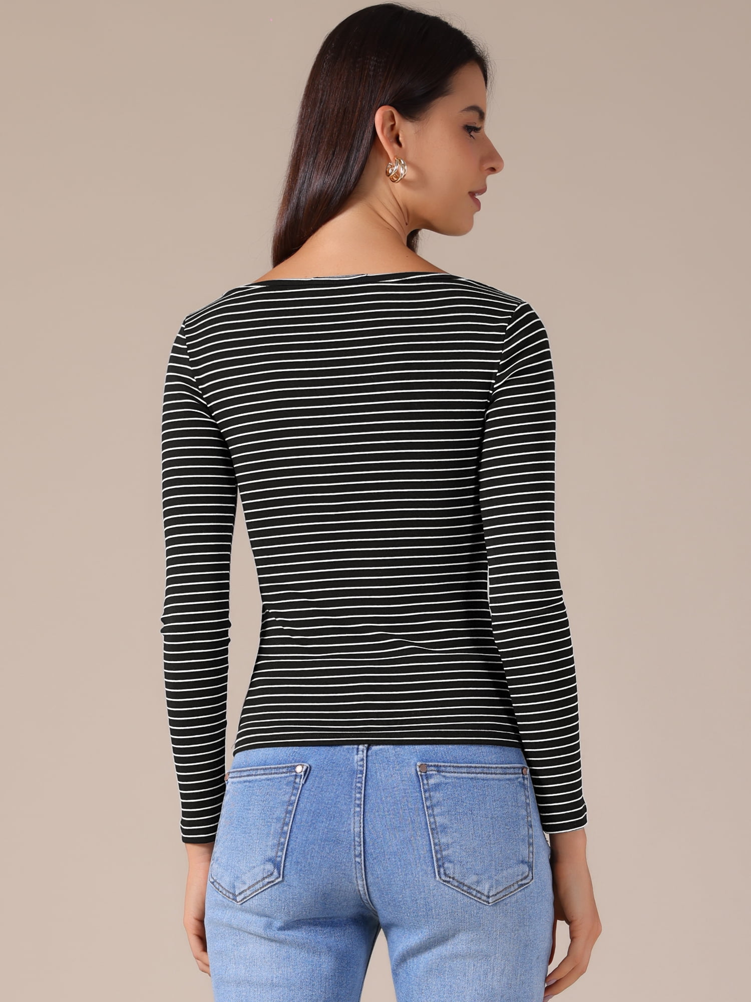 DARING DIVA Women's Striped Long Sleeve T-Shirt Boat Neck Basic Shirts XS Black