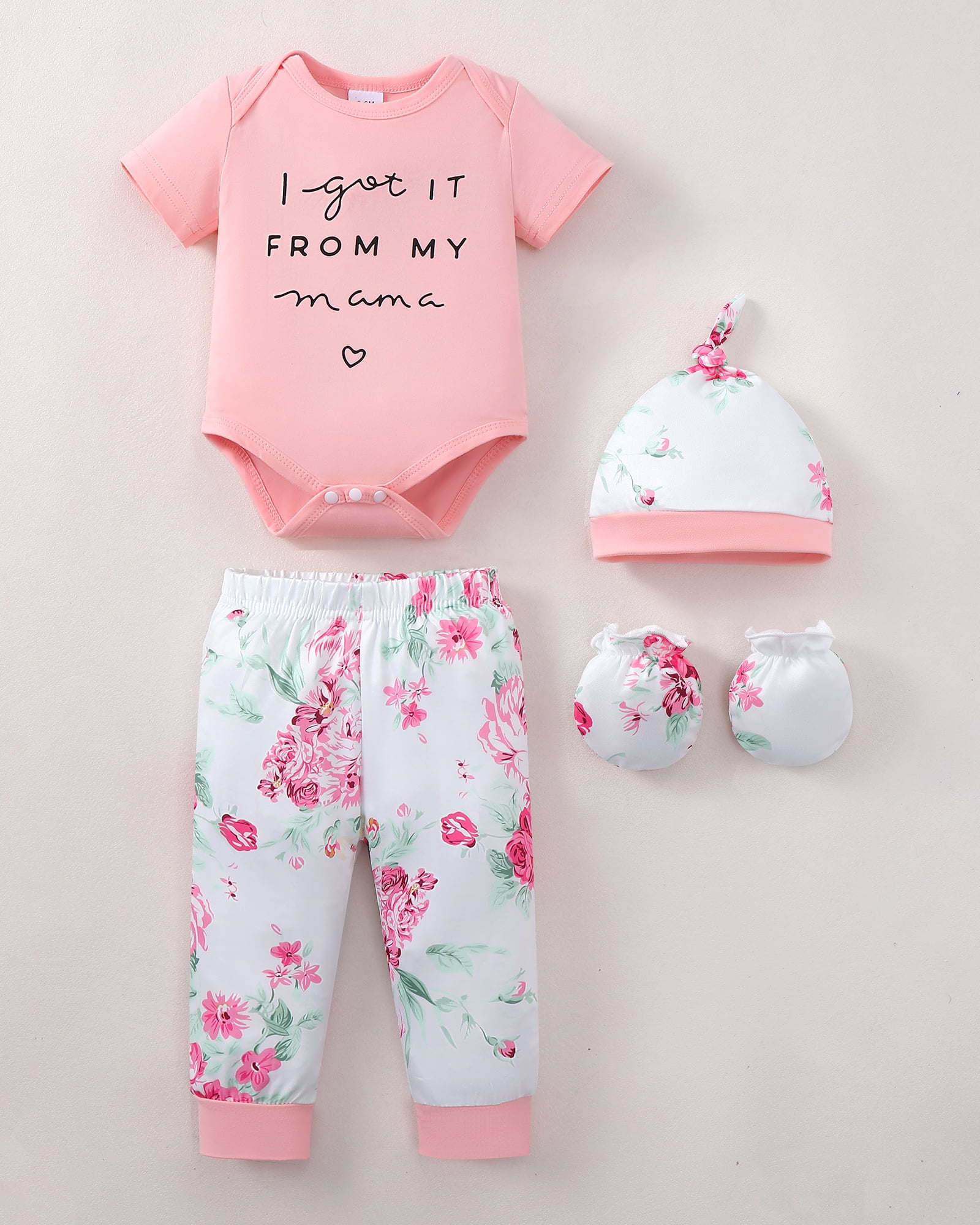 KIMI BEAR Newborn Baby Girls Layette Set 4 Packs Shower Gifts Essential Clothing Short Sleeves Long Sleeves Romper Top Pants and Bodysuit with Hats and Gloves 15pcs Clothes Pink NB