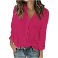 thumbnail image 2 of Chiccall Womens Long Sleeve Button Down Shirts Casual Pleated V-Neck Collared Gauze Tops Blouses with Pocket Hot Pink M, 2 of 8
