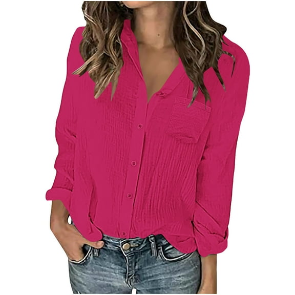 Womens Lightweight Button Down Shirts Long Sleeve Collared Linen Blend Loose Blouses with Chest Pocket (2XL, Hot Pink)