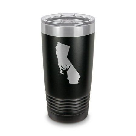 

California Deer State Tumbler 20 oz - Laser Engraved w/ Clear Lid - Stainless Steel - Vacuum Insulated - Double Walled - Travel Mug - buck hunt hunting rifle ca - Black