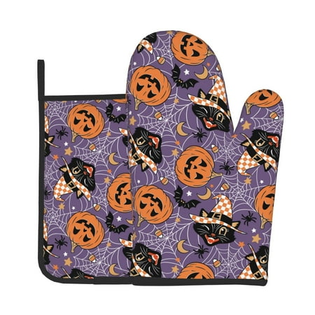 

Vsdgher Vintage Halloween Black Cat Oven Mitts and Pot Holders 2 pcs Set High Heat Resistant Kitchen Oven Glove for Baking and Cooking