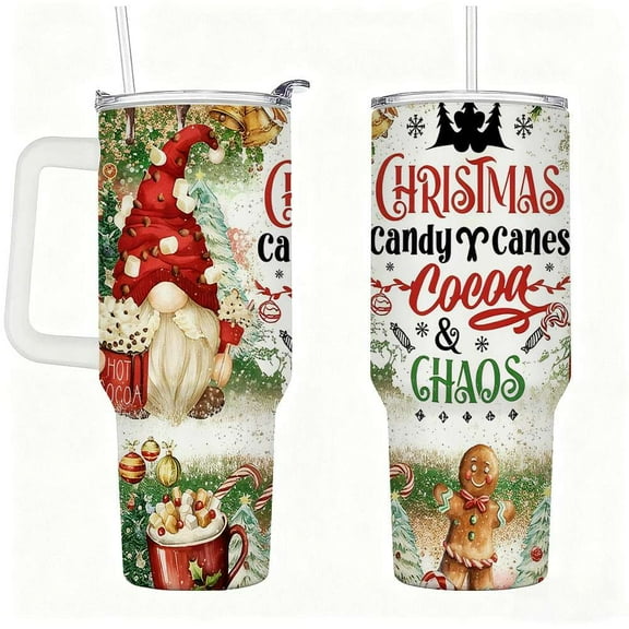 Christmas Gnome Stainless Steel Tumbler with Straw & Handle, Hot Cocoa & Candy Cane Holiday Travel Mug