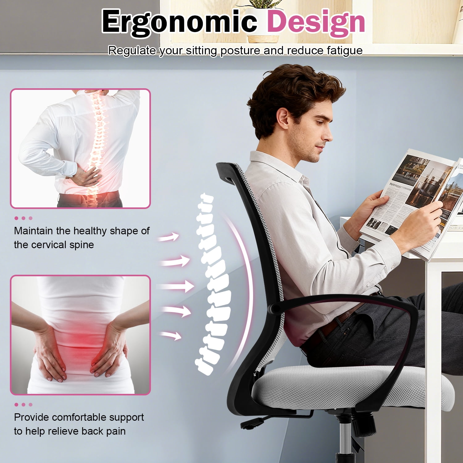 Mid-Back Office Chair, Ergonomic Computer Chair Adjustable Desk Chair with Armrest, Rolling Swivel Chair for Home&Office, Easy to Assemble, Grey