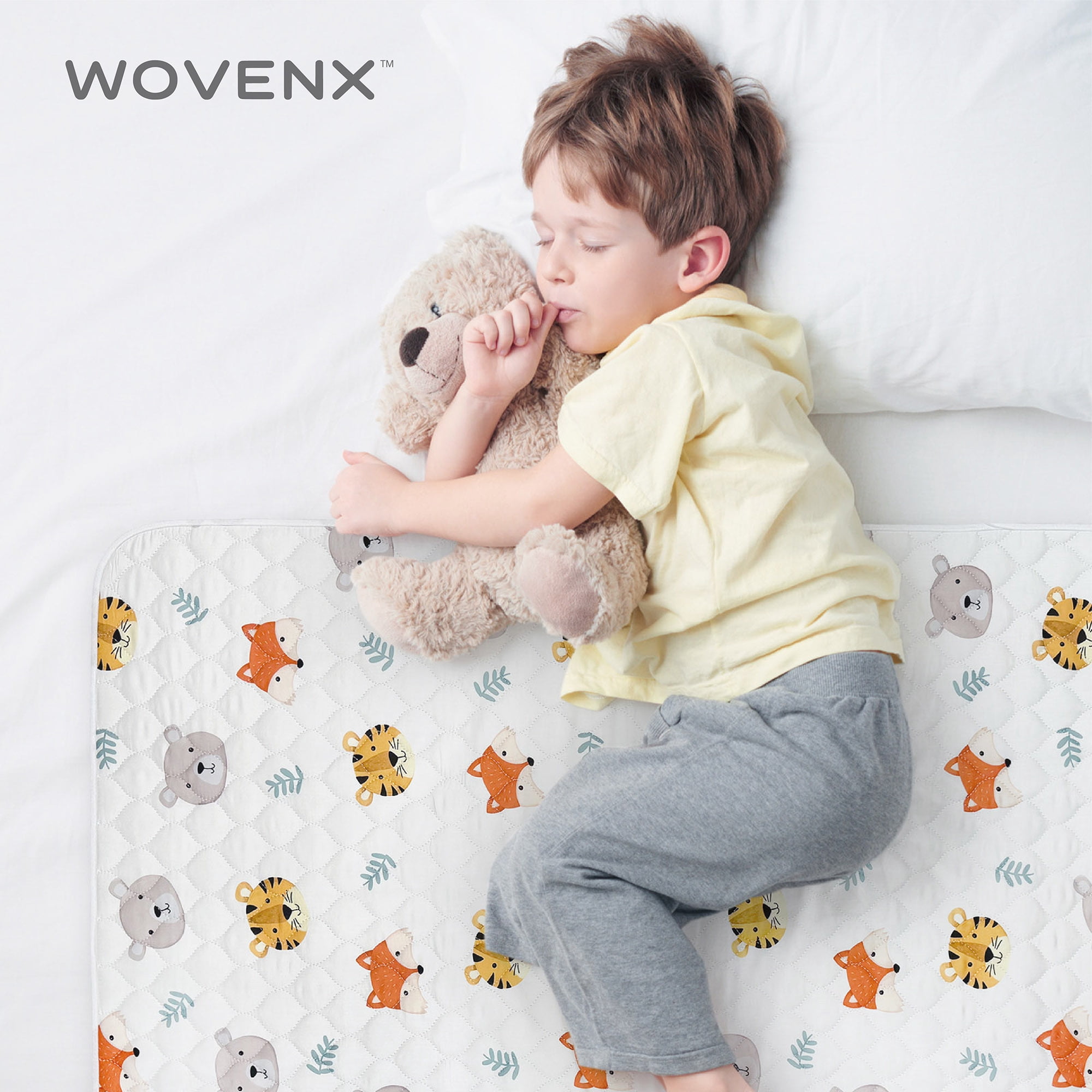 WOVENX Organic Incontinence Pads for Kids & Toddlers - 5 Layer Waterproof Protectors for Overnight Bed Wetting - Reusable & Washable Pee Pads - Fits Twin to Full Size Beds - 34" x 52" Tiger Bear Fox