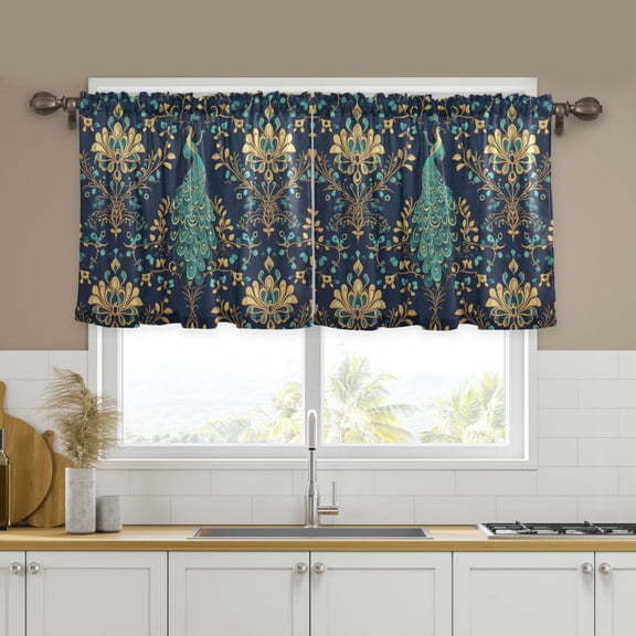 Yayeee Kitchen Curtains Set of 2 Light Filtering 57"x24" Over Sink Window Panels, Navy Blue Peacock Pattern
