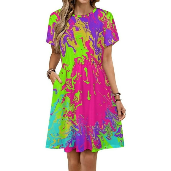 Neon Sundress Short Sleeve Dress Summer Women Clothes Dress for Women Dresses