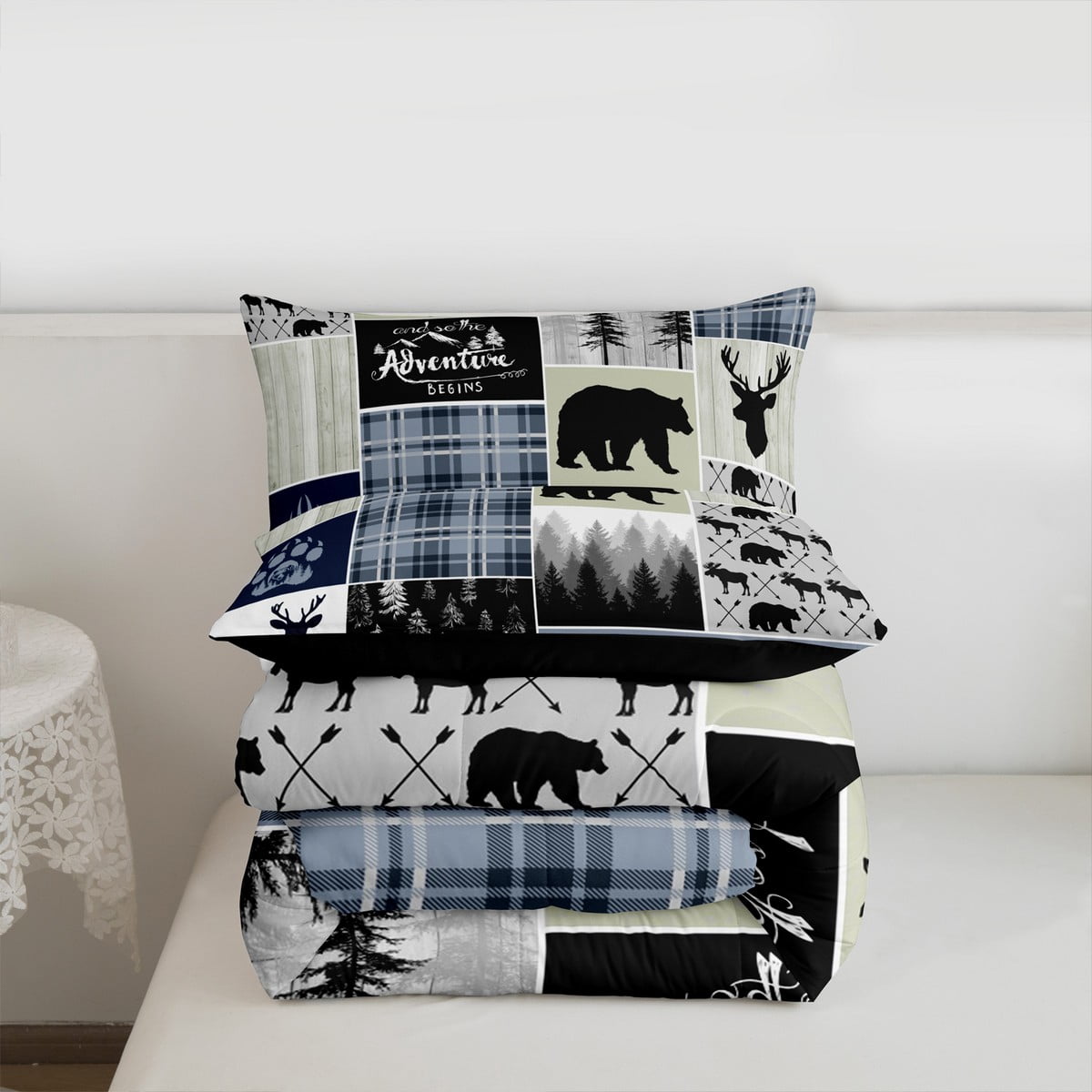 Rustic Deer Bear Comforter Set, Country Farmhouse Bedding Cabin Lodge Decor, Adventure Camping Grid Claw Bedding Comforter Sets Woodland Wild Animal Vintage Duvet Insert Teens Adult, Full