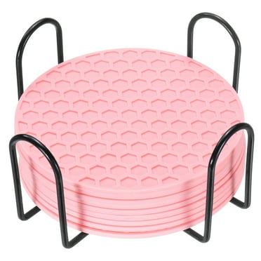 8 Pack Silicone Coasters with Holder, 4 Inch Round Coaster for Drink, Pink