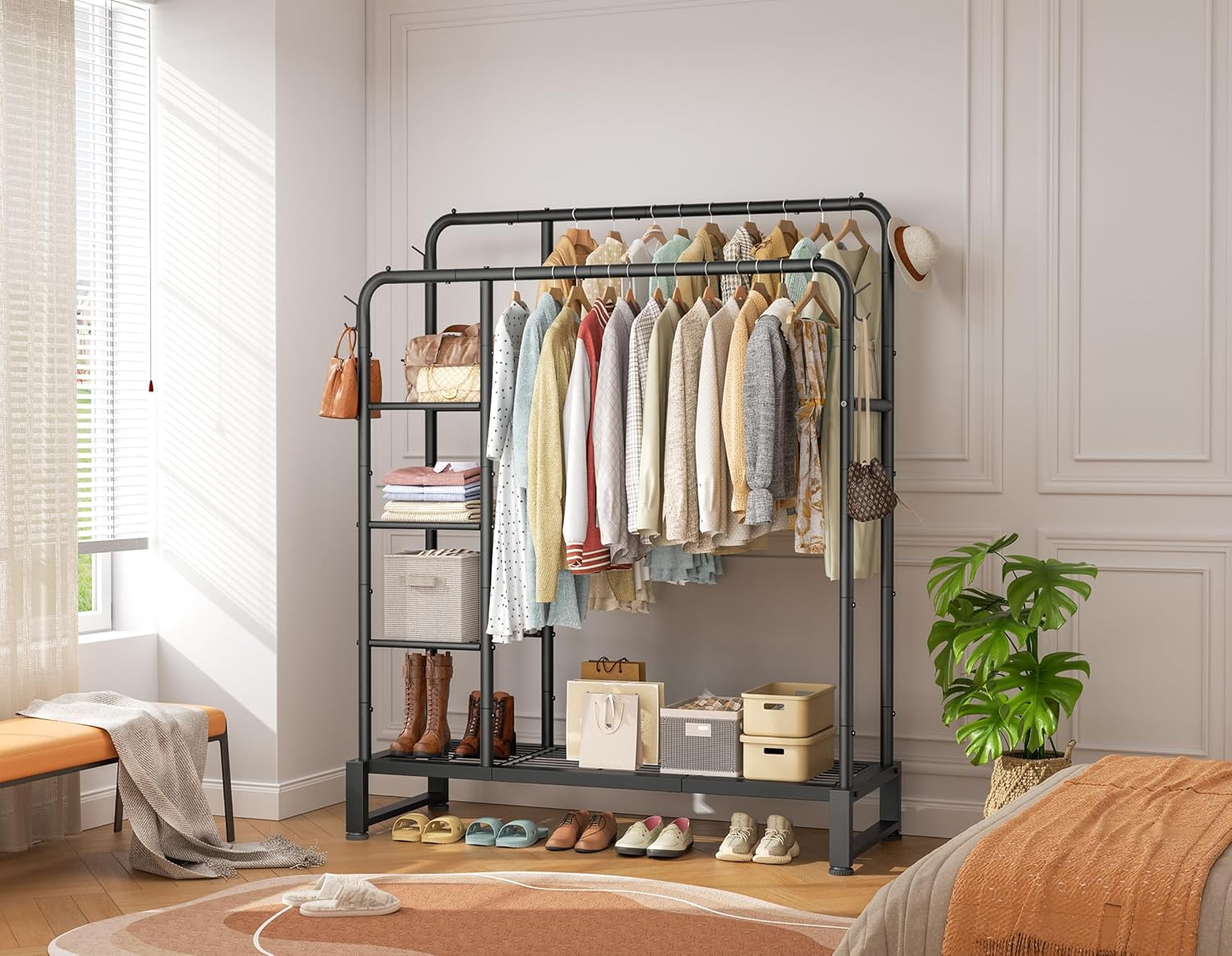 Double Rods Clothes Rack Clothing Rack with  Storage Shelves Clothes Rack for Hanging Clothes Multifunctional Heavy Duty Clothes Organizer with Hooks for Bedroom,Wardrobe Closet,Shop