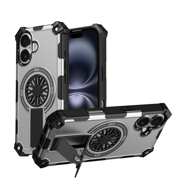 For iPhone 16 Magnetic Phone Case,With Retractable Kickstand,360 ° Rotatable Shafts Design,Compatible with Mag-safe,Shockproof Heavy Duty Anti-fall Durable Rugged Phone Case,Silver