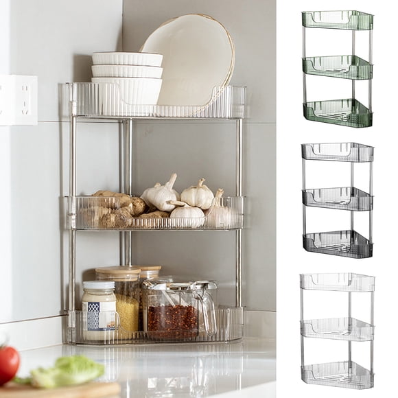 pstuiky Corner Spice Rack 3-Tier Wall Mounted Shelf No Drilling Hole-Free Installation Clear/Black/Green Plastic 18.31X13.58 In Kitchen Countertop Organizer for Spices & Utensils