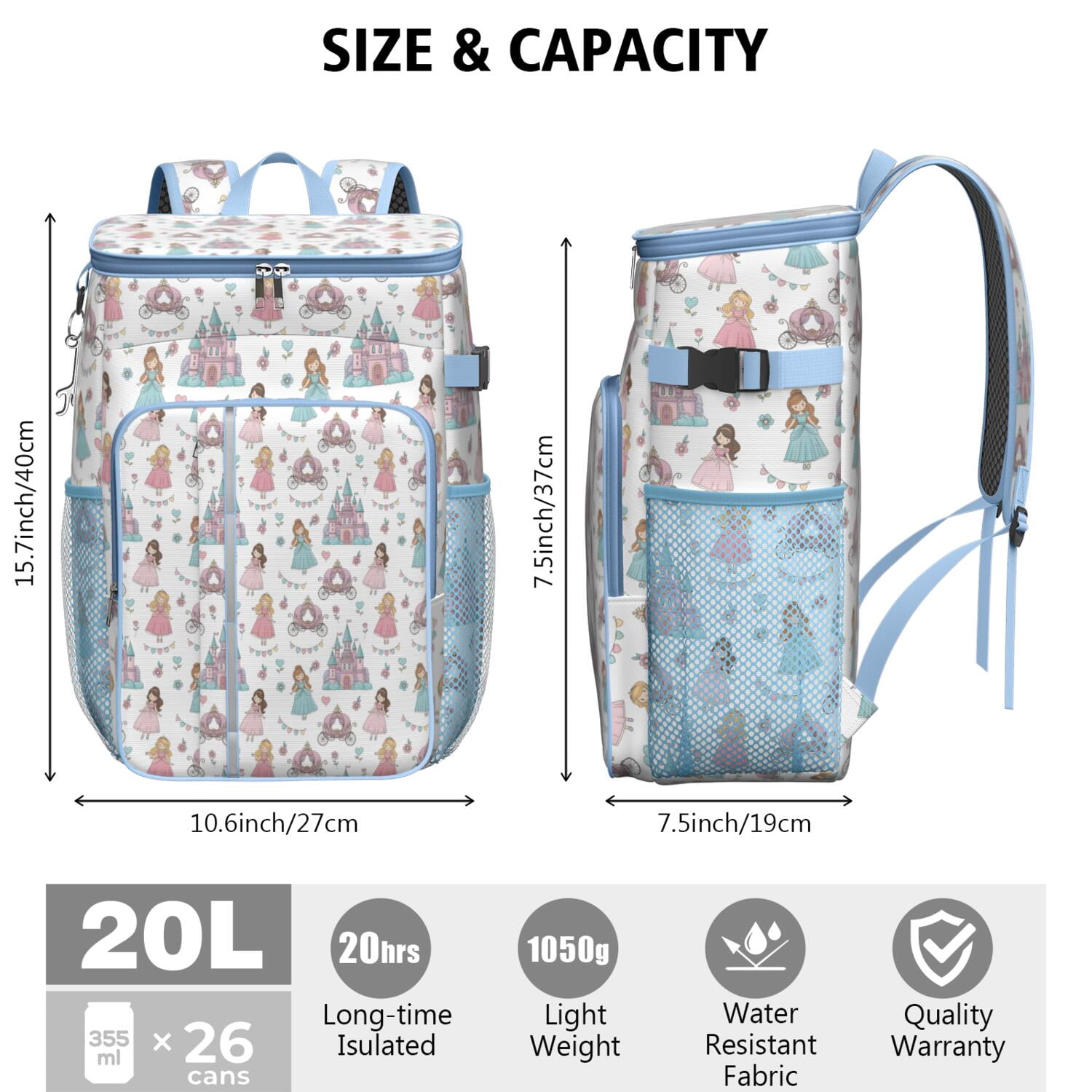 Travel Cooler Bag - White Princess Castle Pattern Camping Beer Cooler Backpack with Bottle Opener- Waterproof Insulated Picnic Backpacks - Cooler Bag for Beach