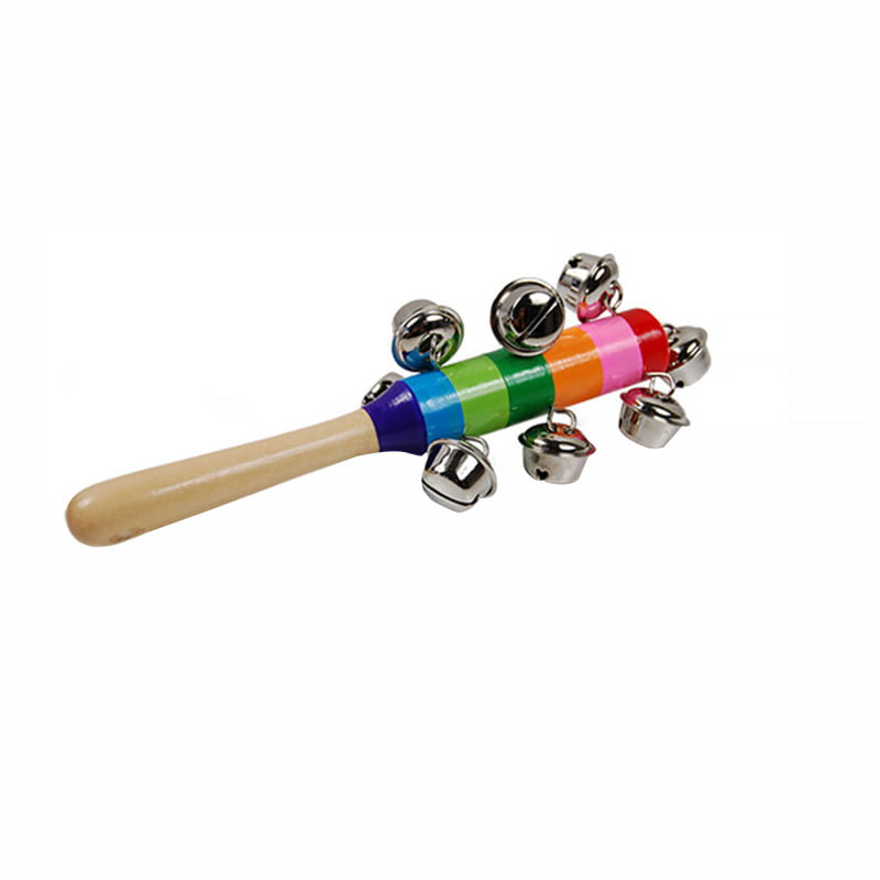 Baby Kid Rainbow Wooden Handle Bell Jingle Shaker Stick Music Sound Rattle Toy m 