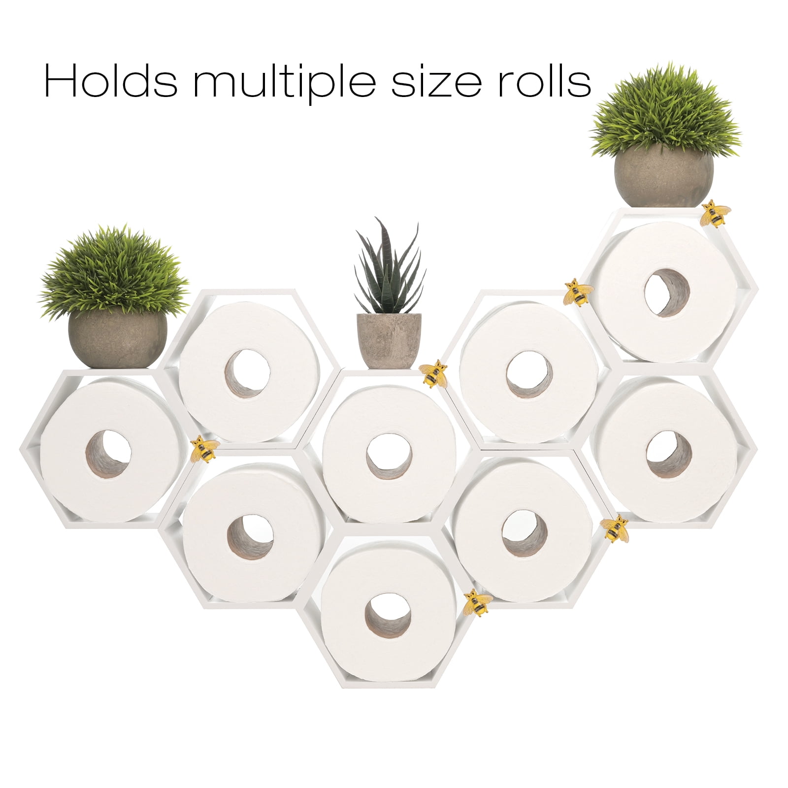 Excello Global Products Honeycomb Toilet Paper Holder with Bees - Holds 9 Rolls - Multiple Configurations, White