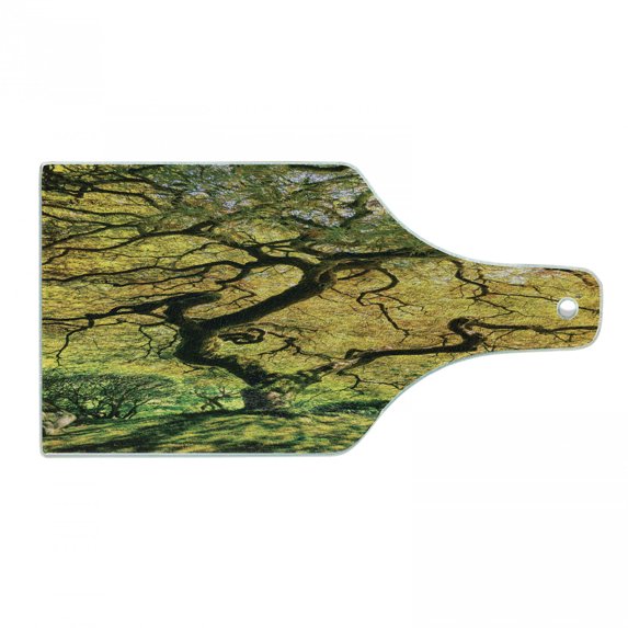 Japanese Cutting Board, Shadows of Large Maple Along with River with Sun Rays Fall Season Nature Theme, Tempered Glass Cutting and Serving Board, Wine Bottle Shape, Green Yellow, by Ambesonne