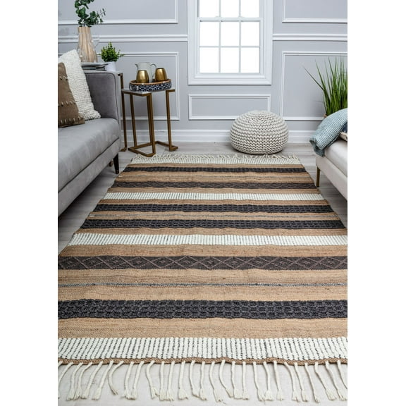 Rugs America Stripe Medley PI15A Textured/Stripe Farmhouse Brown Area Rug, 2’0”x3’0”