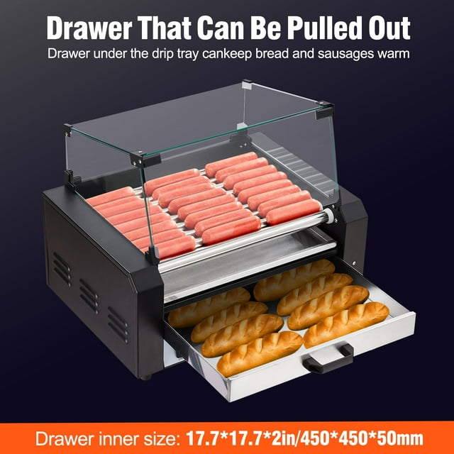 AKDSteel Machine à Rouleaux pour Chiens, Capacité de 24 Hot-Dogs avec 9 Rouleaux, Gril en Acier Inoxydable 1650 W et Chauffe-Petits Pains, Couvercle en Verre