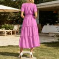 thumbnail image 4 of Bysome Women Dress Solid Color Short Sleeve V-Neck Pleated Flowy Dresses Summer Casual Women Dresses Size M Pink, 4 of 5