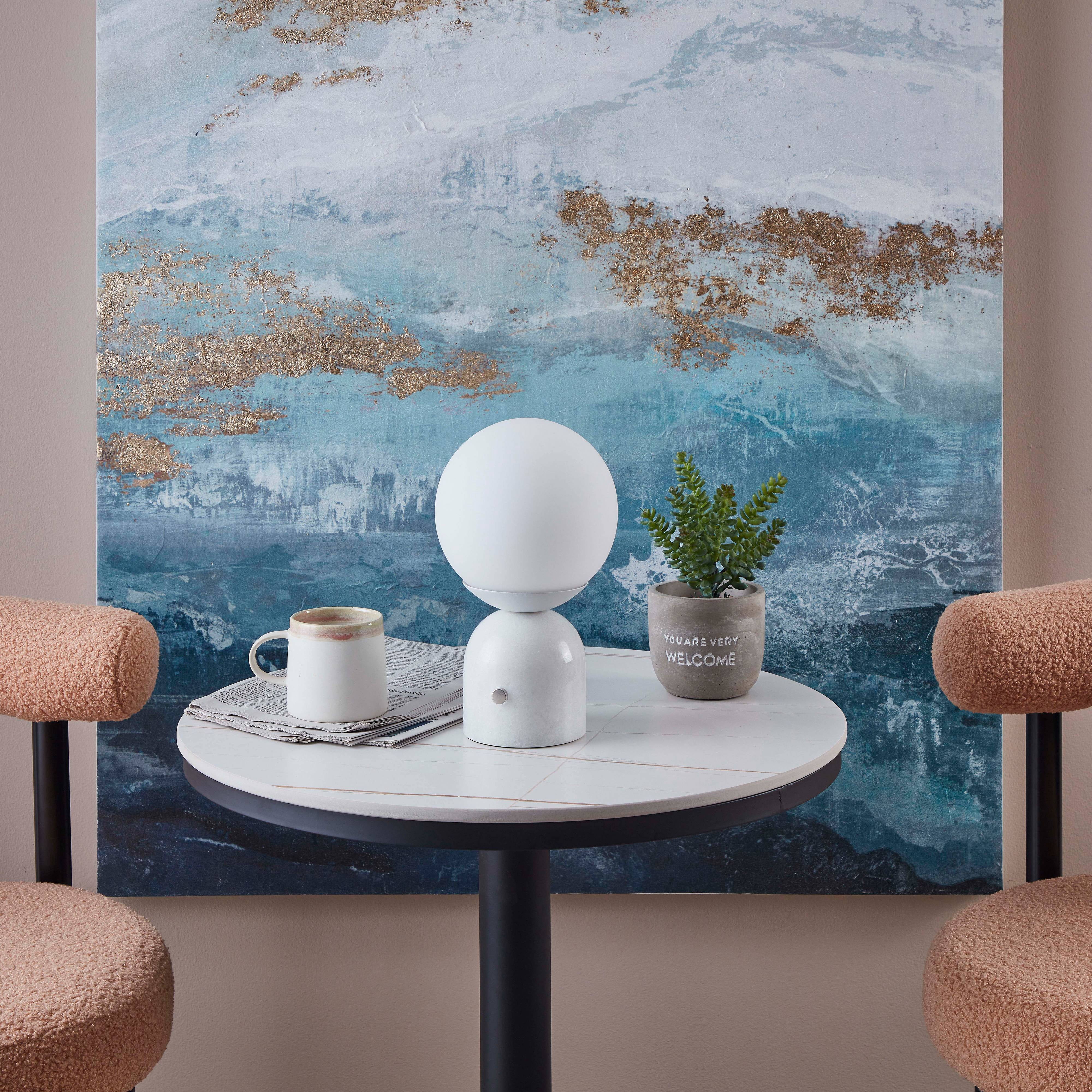 Brightech Mila LED Table Lamp - Bedside Reading Light with Elegant Marble Base, Modern Desk Lamp, Nightstand Lamp with Ambient Lighting - Modern Globe Lamp Shade - White