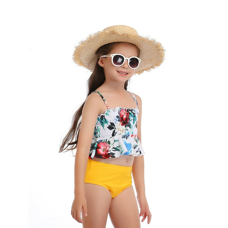 Inevnen Toddler Baby Girl Swimsuit Sling Floral Ruffle Hem