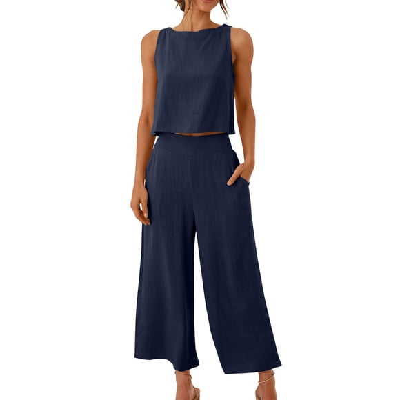 Ersazi Hauts d'Été pour Femmes 2023 Tendance Ensemble 2 Pcs Mode Femme Col Rond Uni Sans Manches Blouse + Pantalon Ample à Poches Ensembles Hauts de Concert 1- Blouse Bleu Marine pour Femmes TTG