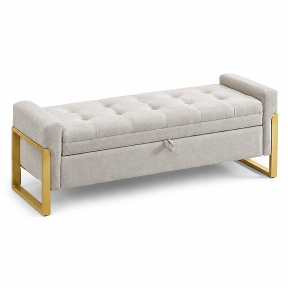 57-Inch Upholstered Storage Ottoman Bench with Button-Tufted Linen, Metal Legs, 500 lb Capacity, Beige - for End of Bed, Living Room, Bedroom, Entryway