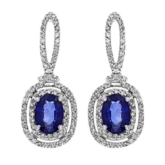 AFFY Oval Cut Simulated Blue Sapphire With Natural Diamond Double Halo Drop Earrings In 14K Solid White Gold