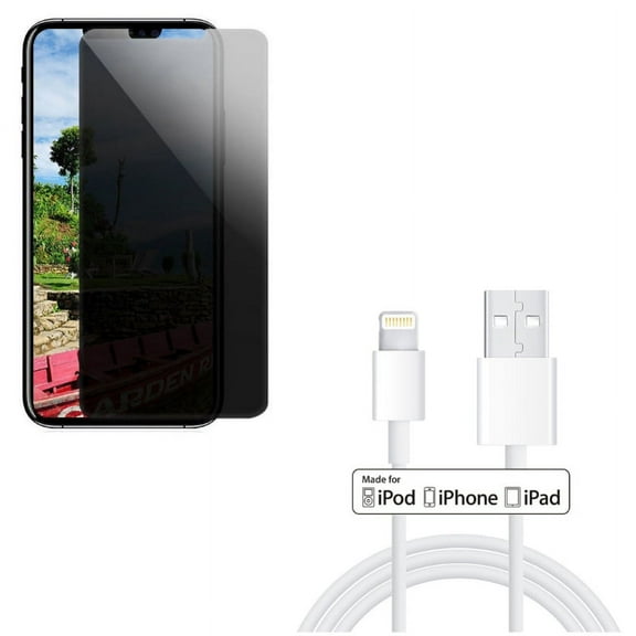 MFi USB Cable w Privacy Screen Protector for iPhone XR - 3ft Certified Charger Cord Power, Tempered Glass Curved Anti-Spy Anti-Peep