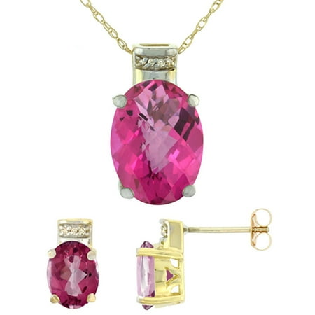 10K Yellow Gold Natural Oval Pink Topaz Earrings & Pendant Set Diamond Accents