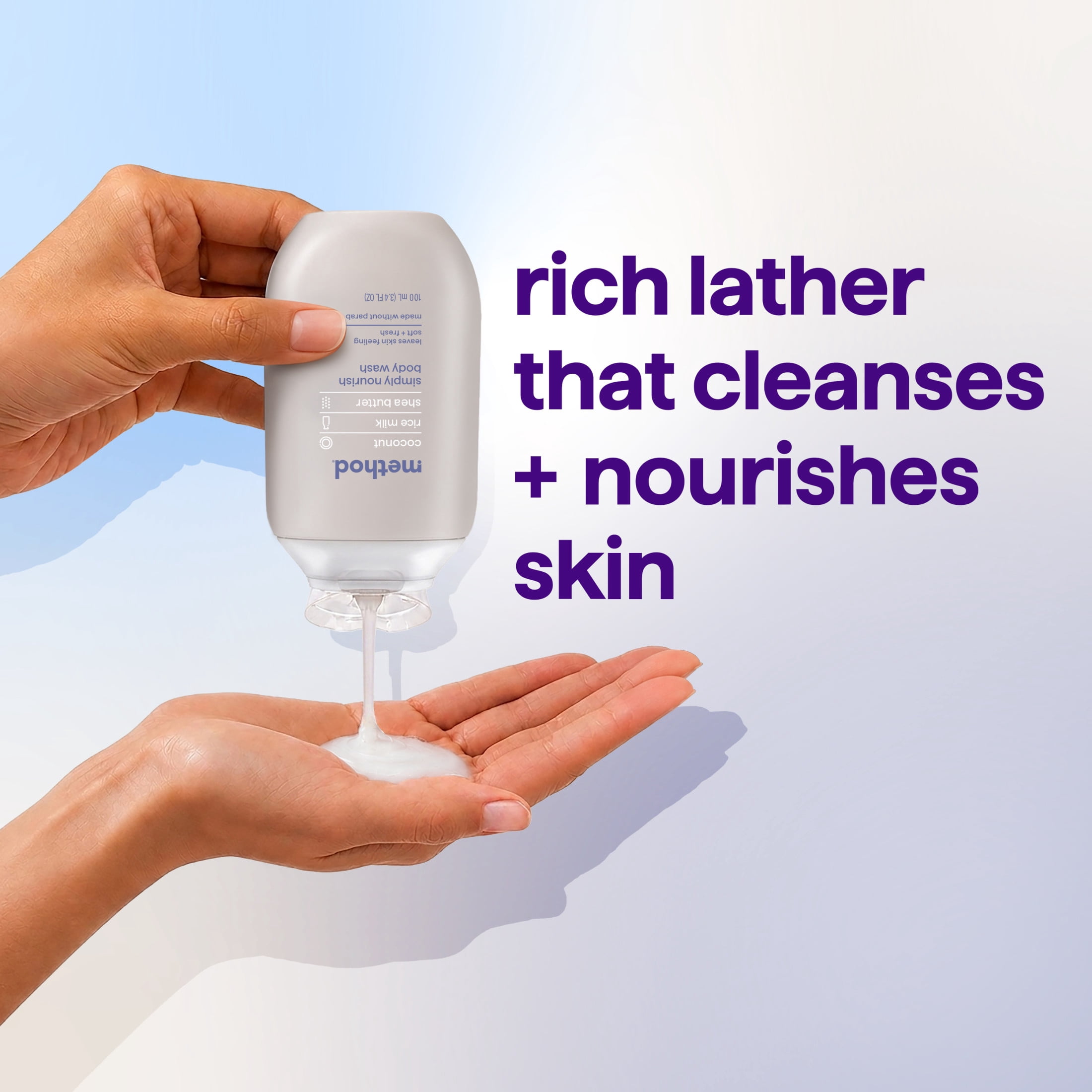 method Body Wash, Simply Nourish - Travel Size, Leaves Skin Feeling Moisturized, Made Without Parabens, Coconut, Rice Milk & Shea Butter Notes, 3.4 oz