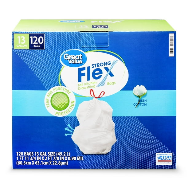 Great Value Strong Flex Tall Kitchen Trash Bags, 13 Gallon, 120 Bags