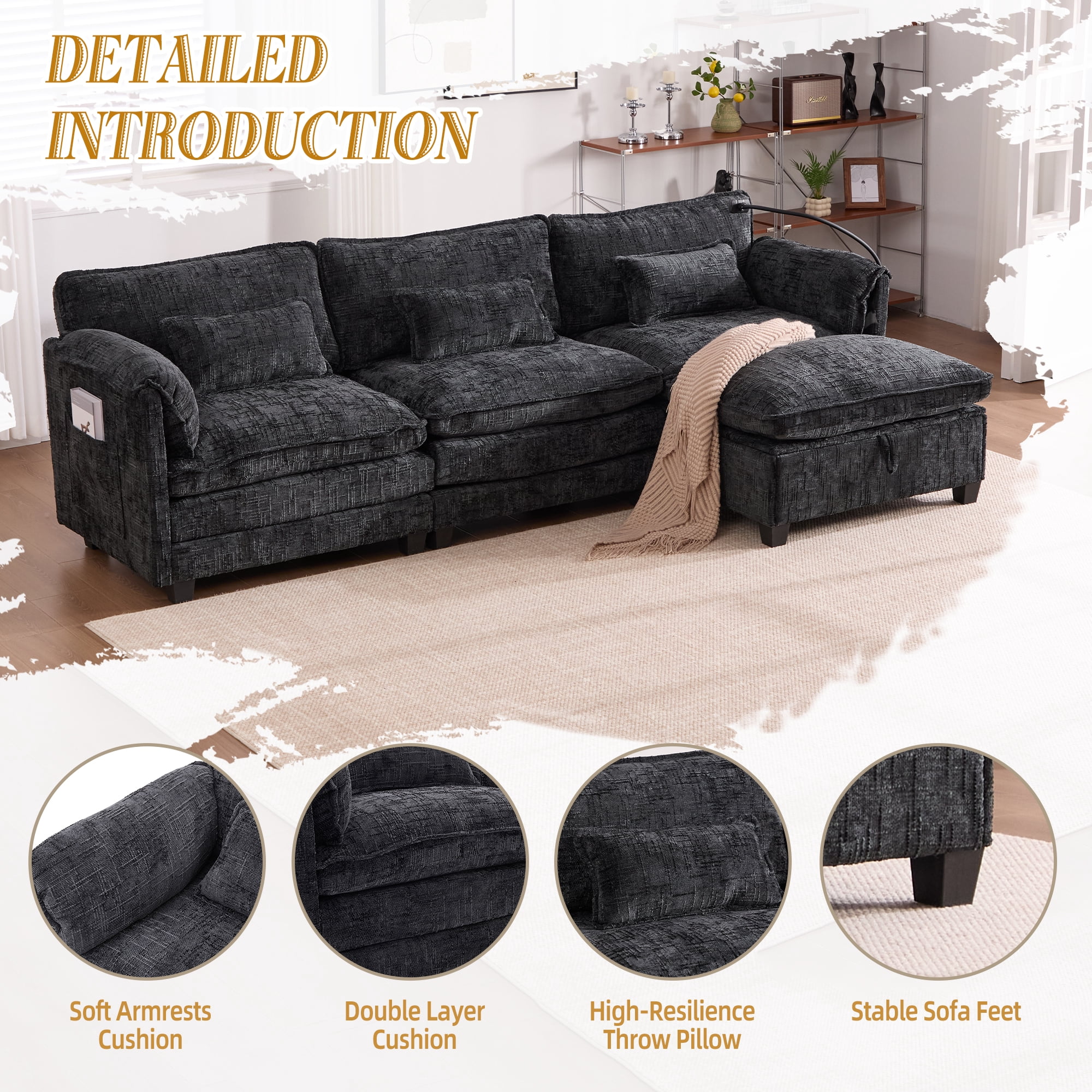 MOONMISS Chenille Upholstered L-shaped Modular Sectional Sleeper Sofa with Movable Storage Ottoman,USB&TYPE-C-Black