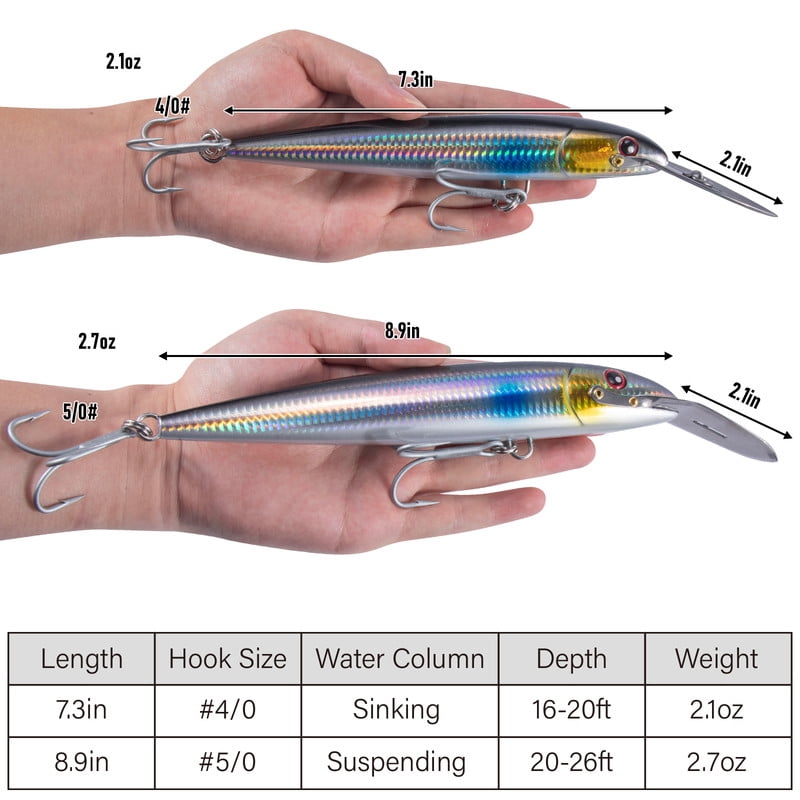 Dr.Fish Deep Diving Trolling Lures 13-20ft Saltwater Hard Fishing Lures 7.3" Deep Diving Jerkbait VMC Treble Hooks Pencil Twitch Bait Heavy Duty Offshore Plugs Striper Mackerel Tuna